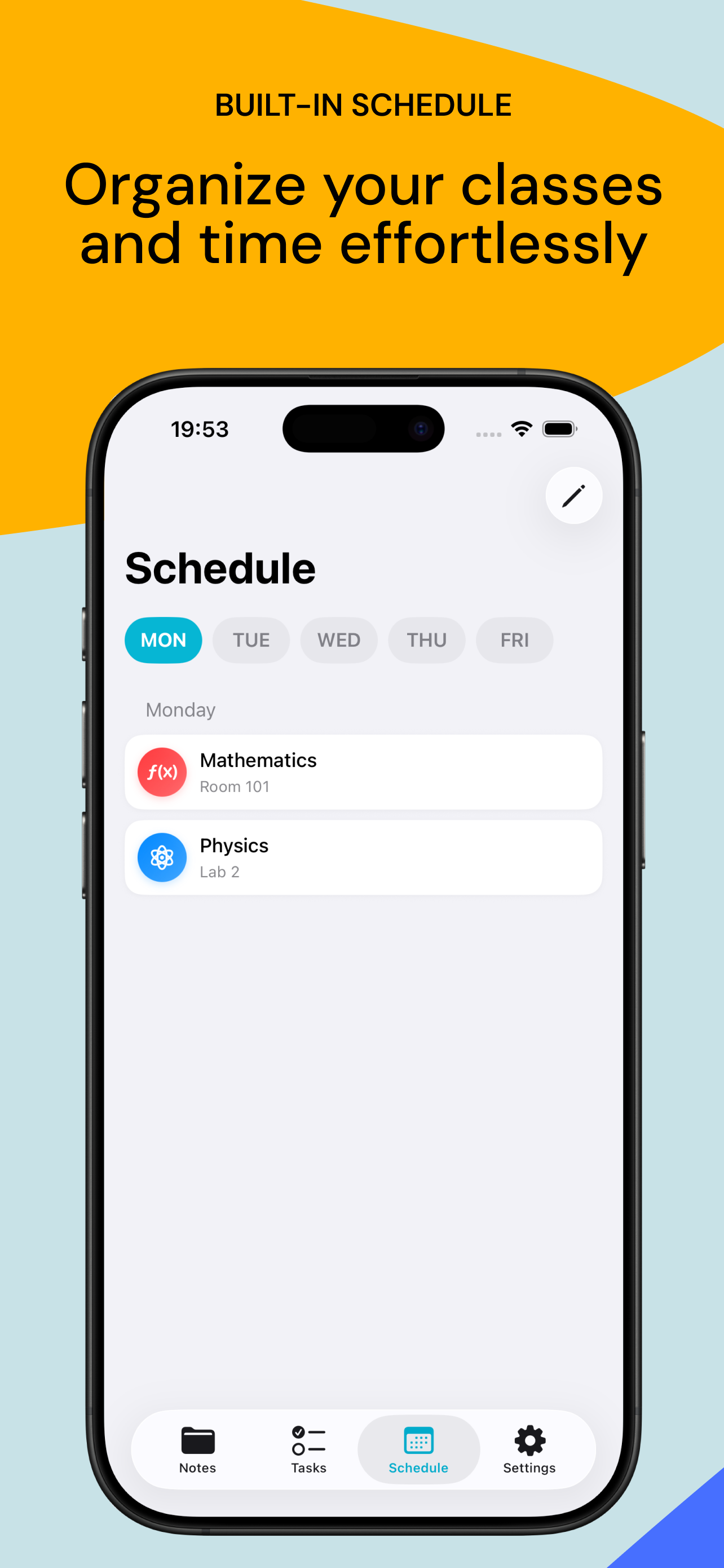 Schedule view with classes